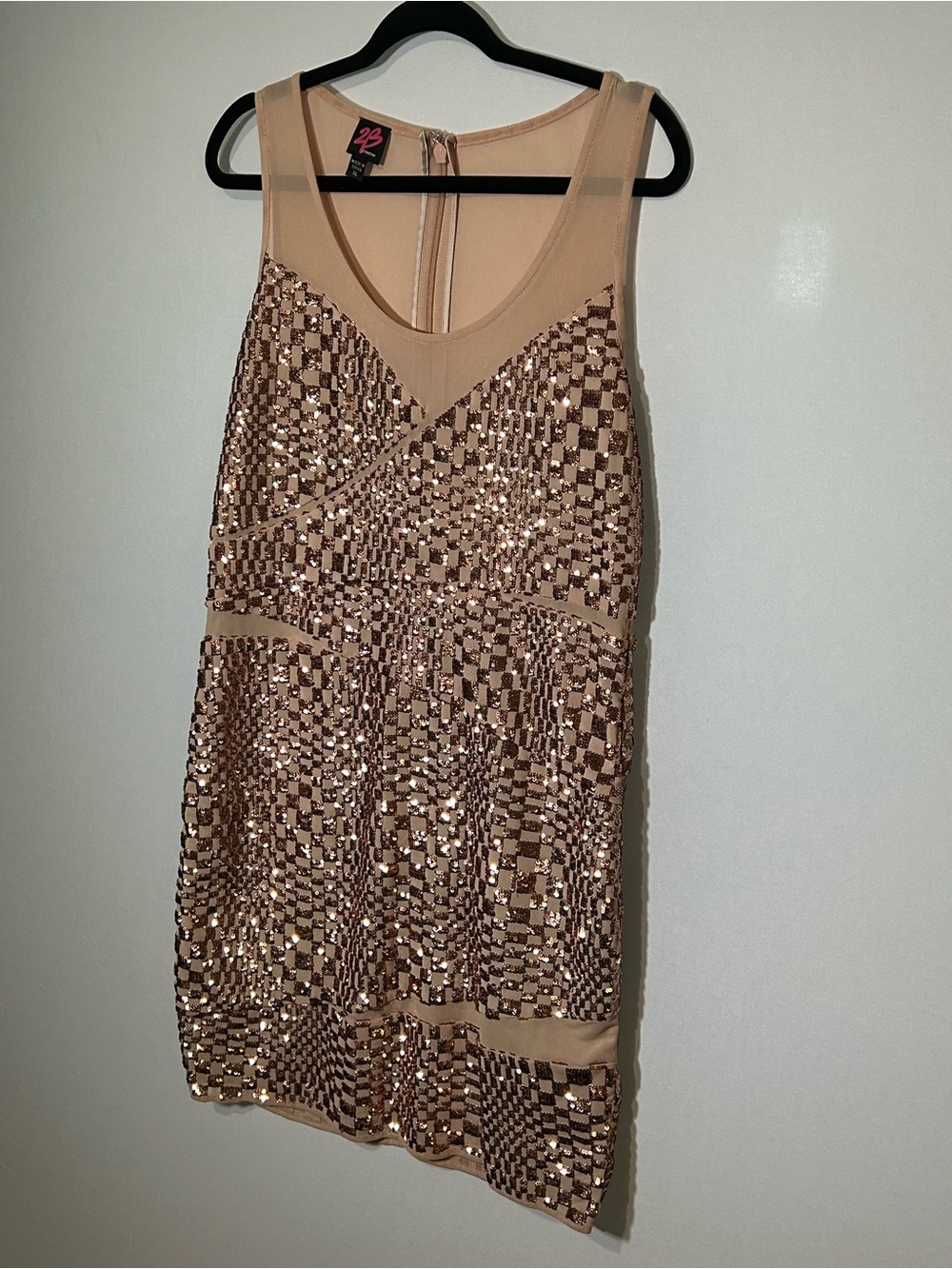 bebe Rose Gold Geo Sequin Mesh Bodycon Mini Dress XL - Picture 2 of 5